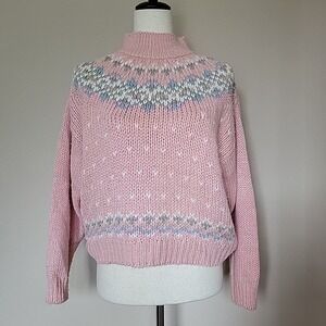 Vtg Currents Hand Loomed Fair Isle Pink Sweater Size L Fairy Kei Cottagecore 90s